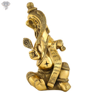 Photo of Very Unique Ganesh Statue with Pen in his hand writing Ramayan with beautiful Gold Finishing-11"-Facing Front