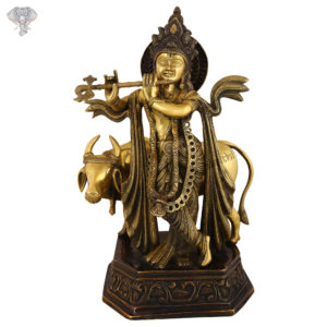 Photo of Lord Krishna Statue with Flute and Cow-20"-Facing Front