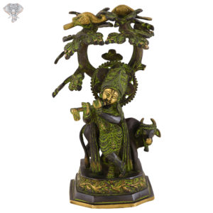 Photo of Beautiful Krishna Statue playing flute under a tree with a cow-11"-Facing Front