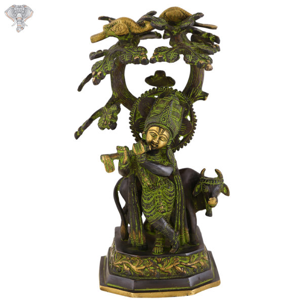 Photo of Beautiful Krishna Statue playing flute under a tree with a cow-11"-Facing Front