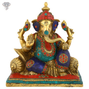 Photo of Lord Ganesh with Multicolour Turquoise work-11"-Facing Front