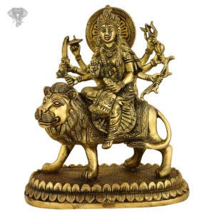 Photo of Goddess Durga with Sword, sitting on Lion-9"-Facing Front