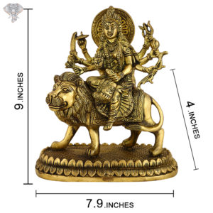 Photo of Goddess Durga with Sword, sitting on Lion-9"-with measurements