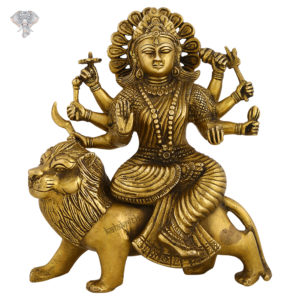 Photo of Goddess Durga sitting on Lion with Sword-8"-Facing Front
