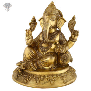 Photo of Lord Ganesh Seating on a Throne with Blessing Hands-13"-Facing Front