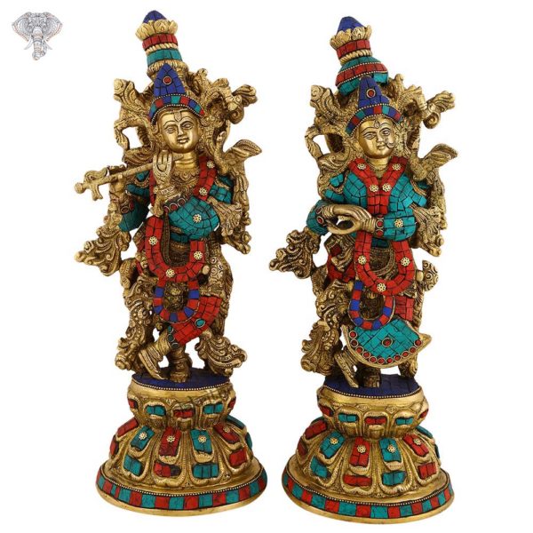 Photo of Standing Lord Radha Krishna Statue with Beautiful Multicolour Turquoise work-16"-Facing Front