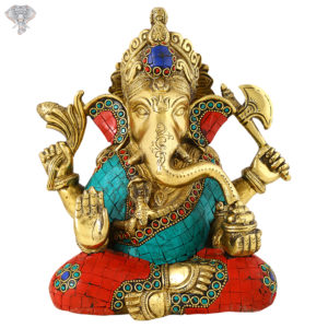 Photo of Serene Ganesha Statue with no Crown with Beautiful Multicolour Turquoise work-8"-Facing Front