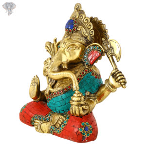Photo of Serene Ganesha Statue with no Crown with Beautiful Multicolour Turquoise work-8"-facing Right side