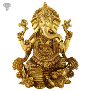 Photo of Serene Ganesha Statue Seated on a Lotus Throne with blessing hands-8"-Facing Front