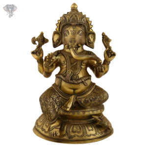 Photo of Serene Ganesha statue Seated on a Throne with Antic finishing-13"-Facing Front