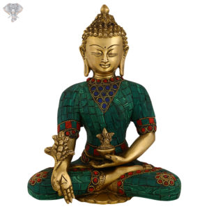 Photo of Beautiful Handcrafted Buddha Statue with Green Torquoise Work-9"-Facing Front