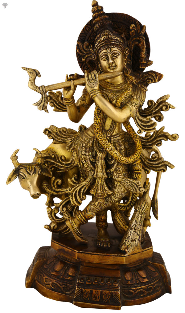 Photo of Standing Lord Krishna Statue with Flute and Cow-16"-Facing Front
