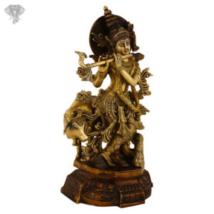 Photo of Standing Lord Krishna Statue with Flute and Cow-16"-Facing left side