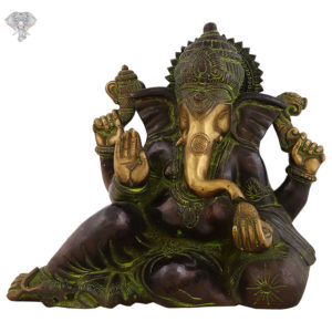 Photo of Special Ganesh Statue with Shining Black finishing with Green linings-9"-Facing Front