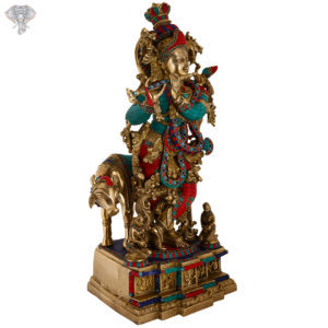 Photo of Lord Krishna Playing Flute along with Holy Cow decorated with multicolour Stone Work - facing Left Side