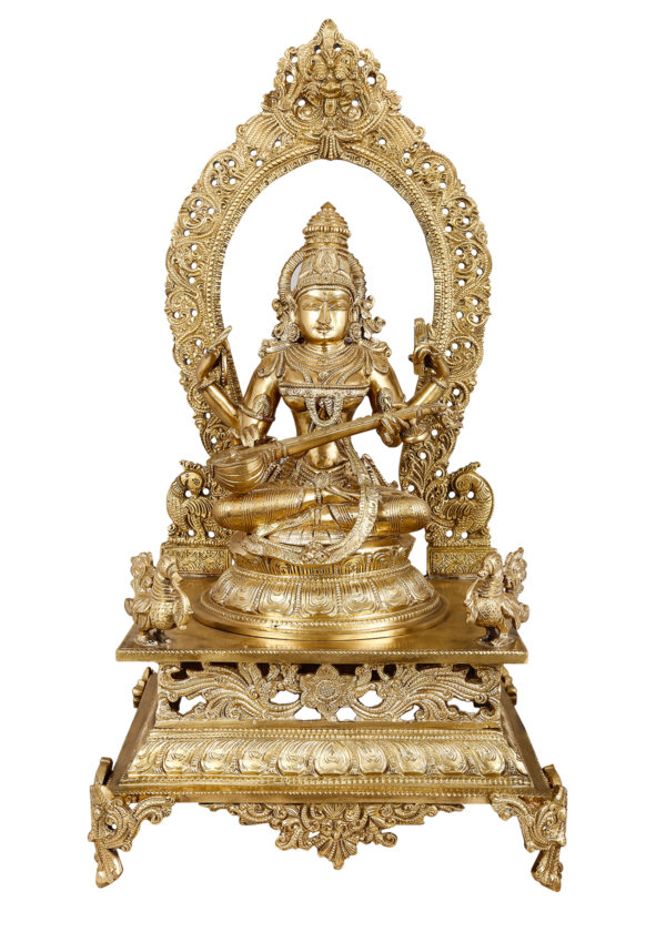 Photo of Bronze Goddess Saraswathi idol with Prabhavali - Facing Front