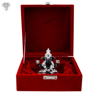 Photo of Ganesh Ji with Crown - Black, 999 Silver - Facing Front-In Box