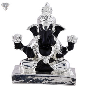 Photo of Ganesh Ji with Crown - Black, 999 Silver - Facing Front