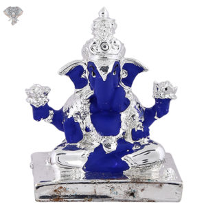 Photo of Ganesh Ji with Crown - Blue, 999 Silver - Facing Front